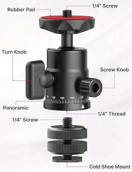 ULANZI Select ULANZI H28 Mini Ball Head: Panoramic Tripod & Dual Hot Shoe Mount for DSLR, GoPro, Smartphone - 5.5lb Load Capacity - View 3 of 6
