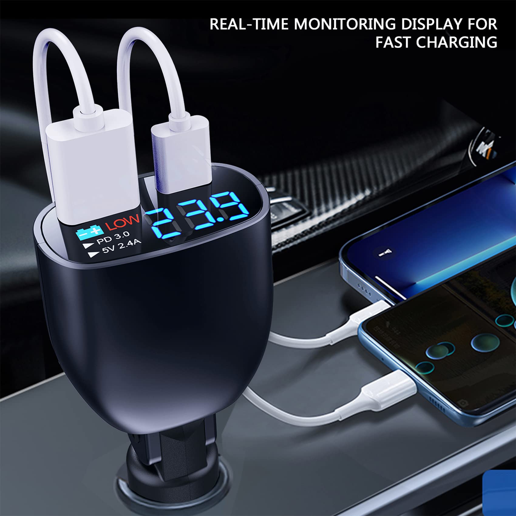 USB C Car Charger Adapter 20W Fast Charge with Voltage Display Compatible with iPhone Galaxy and USB5V2.4A Power Delivery - View 4 of 9