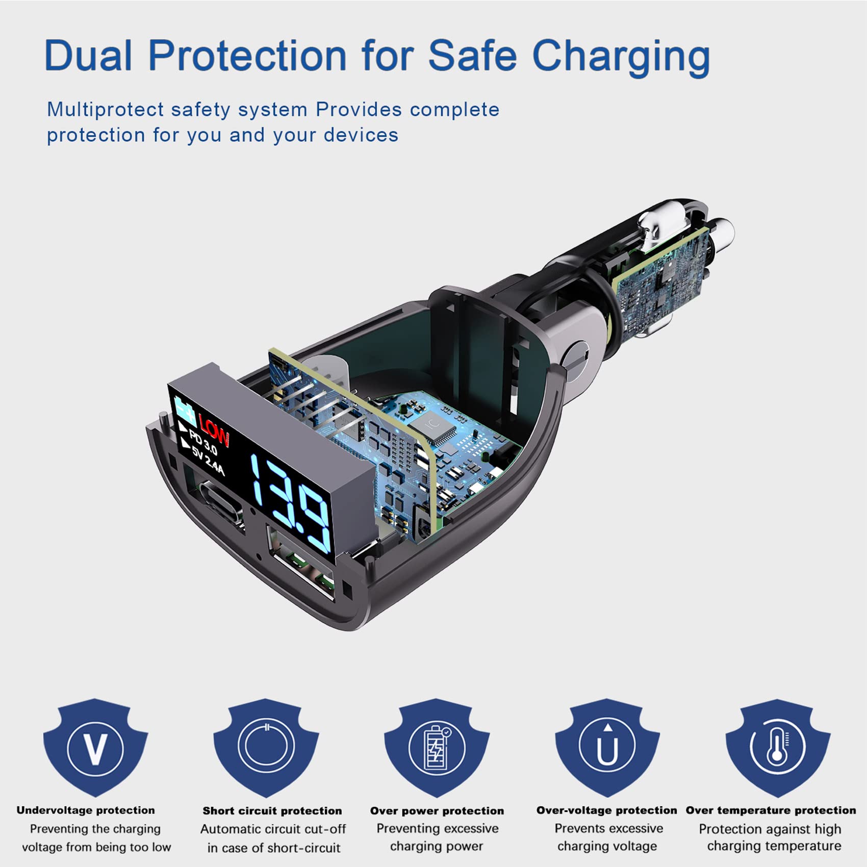 USB C Car Charger Adapter 20W Fast Charge with Voltage Display Compatible with iPhone Galaxy and USB5V2.4A Power Delivery - View 9 of 9