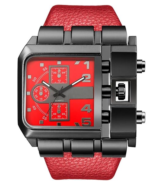 Reginald Reginald Hip Hop 53MM Men's Large Face Square Watch Stainless Steel Quartz Leather Strap Red Dial