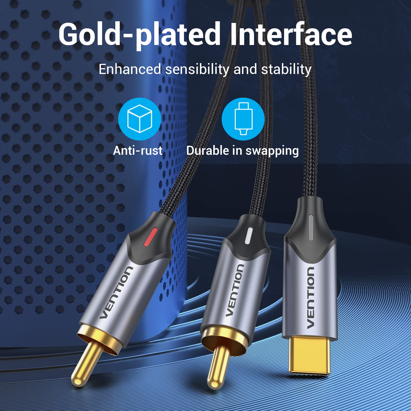 VENTION VENTION USB C to RCA Audio Cable - 3m Type-C to 2RCA Adapter for Car Stereo, Home Theater & More - View 8 of 9