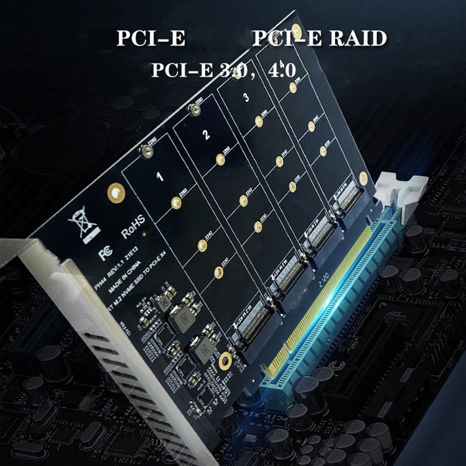 Gegong 4 Port NVMe to PCIe Host Controller Expansion Card M Key Hard Drive Converter Adapter for 2230 2242 2260 2280 M.2 NVMe SSDs - View 2 of 6