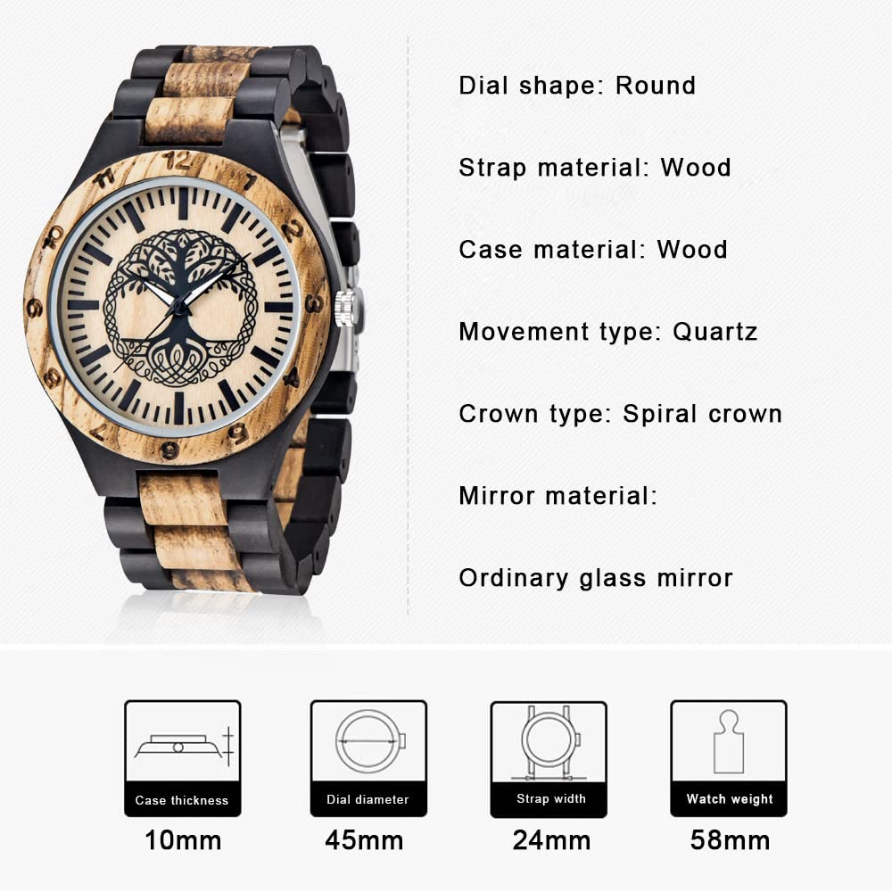Dentily Men's Wood Watch Engraved Tree of Life Pattern Hand-Made Quartz Watch for Men Unique Wooden Timepiece - View 3 of 7
