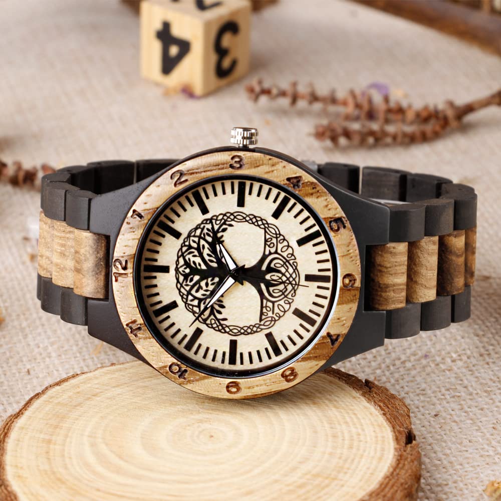 Dentily Men's Wood Watch Engraved Tree of Life Pattern Hand-Made Quartz Watch for Men Unique Wooden Timepiece - View 4 of 7