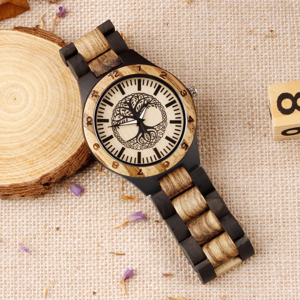 Dentily Men's Wood Watch Engraved Tree of Life Pattern Hand-Made Quartz Watch for Men Unique Wooden Timepiece - View 5 of 7