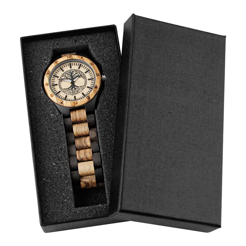 Dentily Men's Wood Watch Engraved Tree of Life Pattern Hand-Made Quartz Watch for Men Unique Wooden Timepiece - View 7 of 7