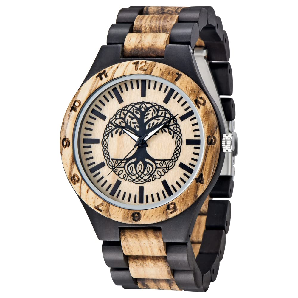 Dentily Men's Wood Watch Engraved Tree of Life Pattern Hand-Made Quartz Watch for Men Unique Wooden Timepiece