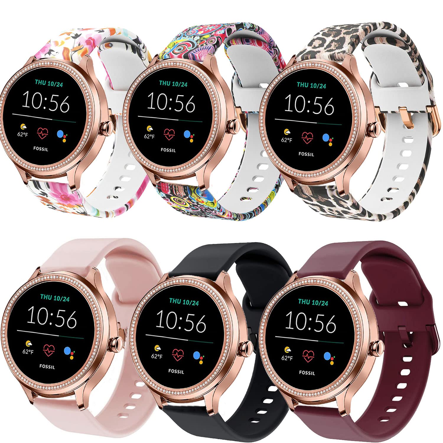 ViCRiOR Floral Silicone Bands for Fossil Women's Gen 5E 6 42mm Smart Watch 6PCS 18mm Replacement Straps for Gen 4 HR Gen 3