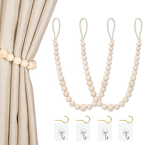 KLOGTSIND Wood Bead Curtain Tiebacks Set of 2 for Thin or Thick Draperies Boho Farmhouse Style with Hooks Ideal for Home Office Room Decor