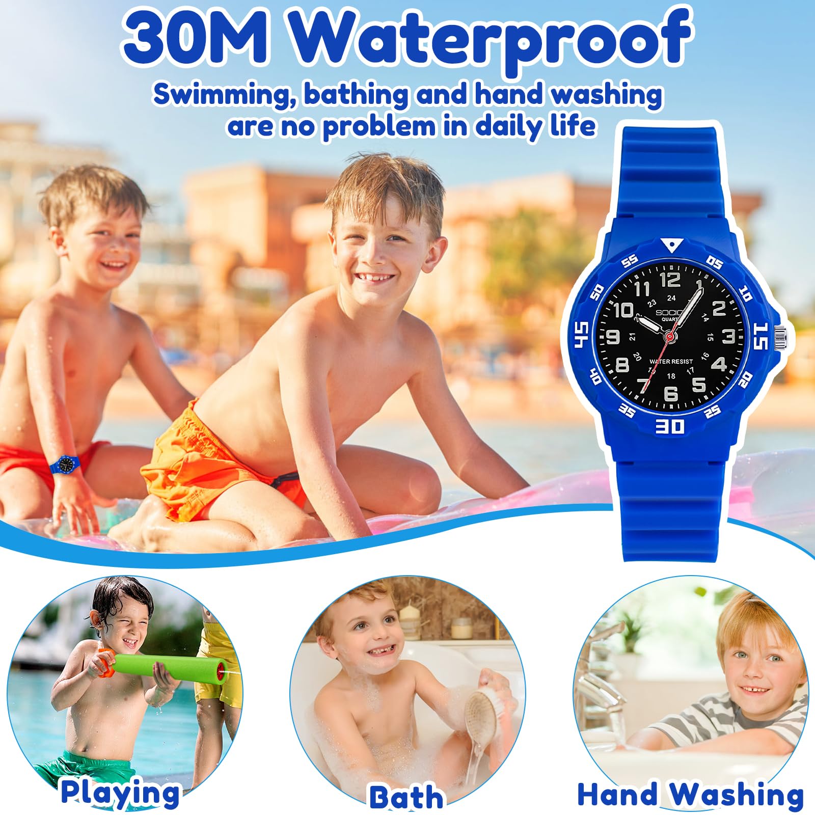 SOCICO SOCICO Children's Waterproof Analog Watch Easy to Read Durable Learning Wristwatch for Kids Blue Black Face Ideal for School - View 2 of 9