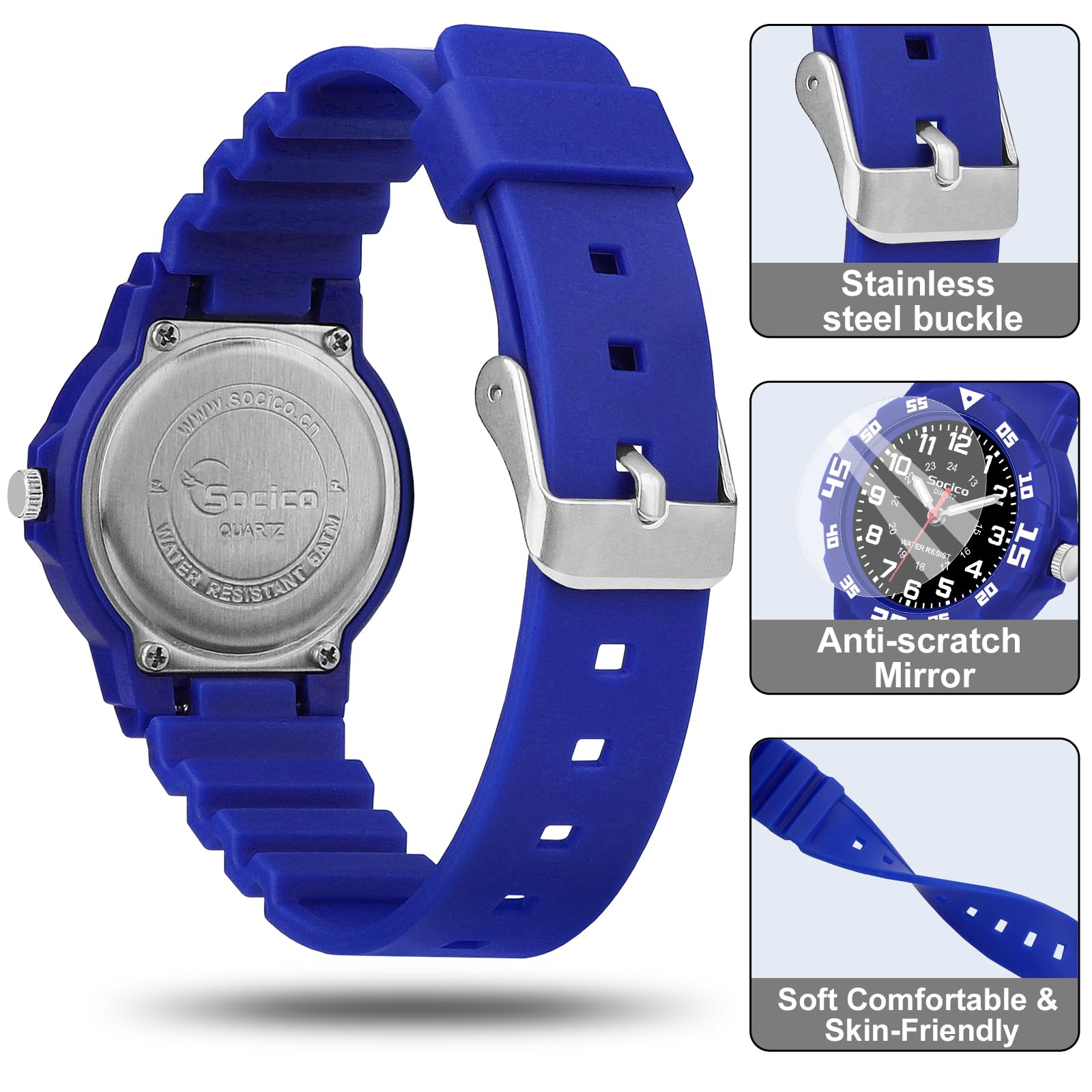 SOCICO SOCICO Children's Waterproof Analog Watch Easy to Read Durable Learning Wristwatch for Kids Blue Black Face Ideal for School - View 3 of 9