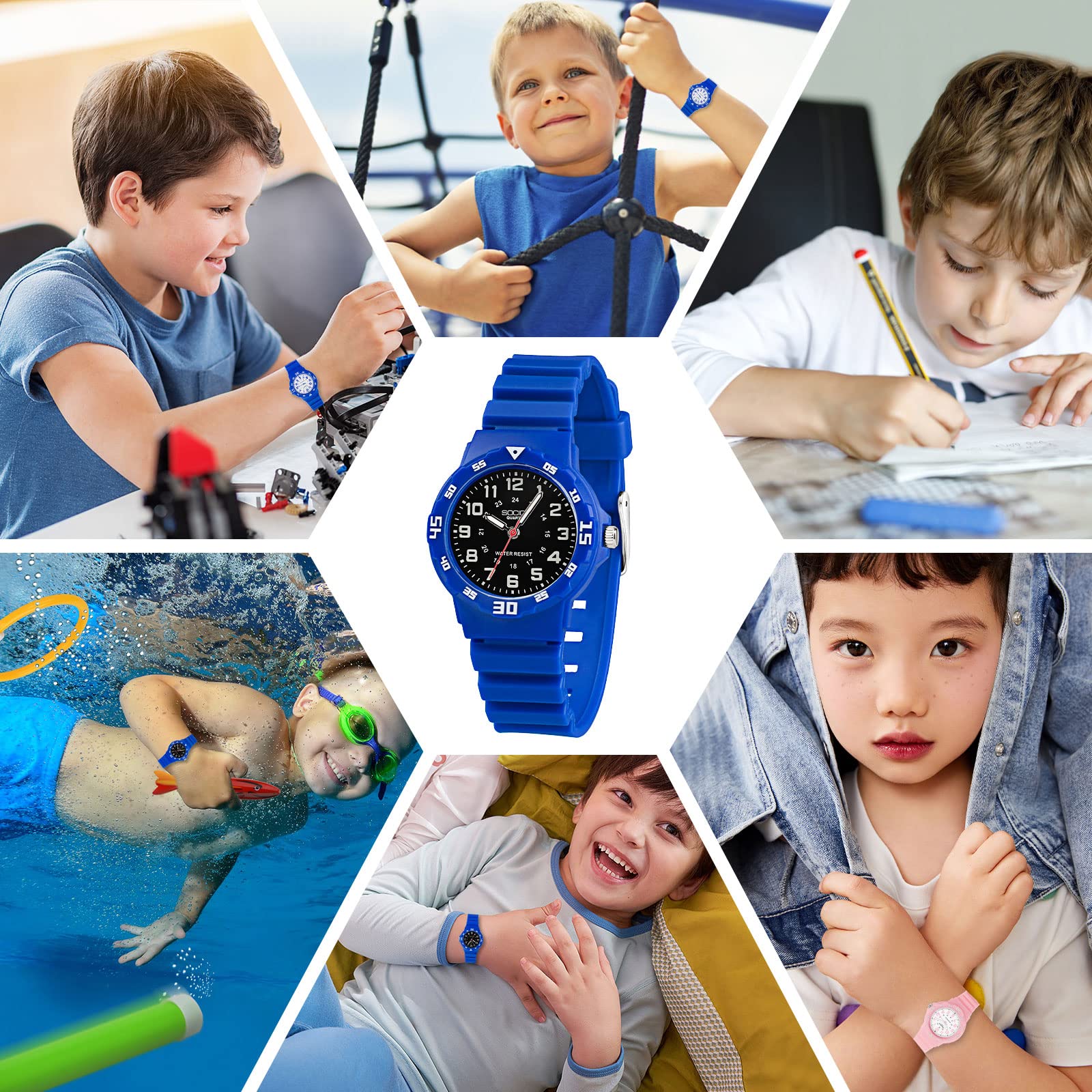 SOCICO SOCICO Children's Waterproof Analog Watch Easy to Read Durable Learning Wristwatch for Kids Blue Black Face Ideal for School - View 6 of 9