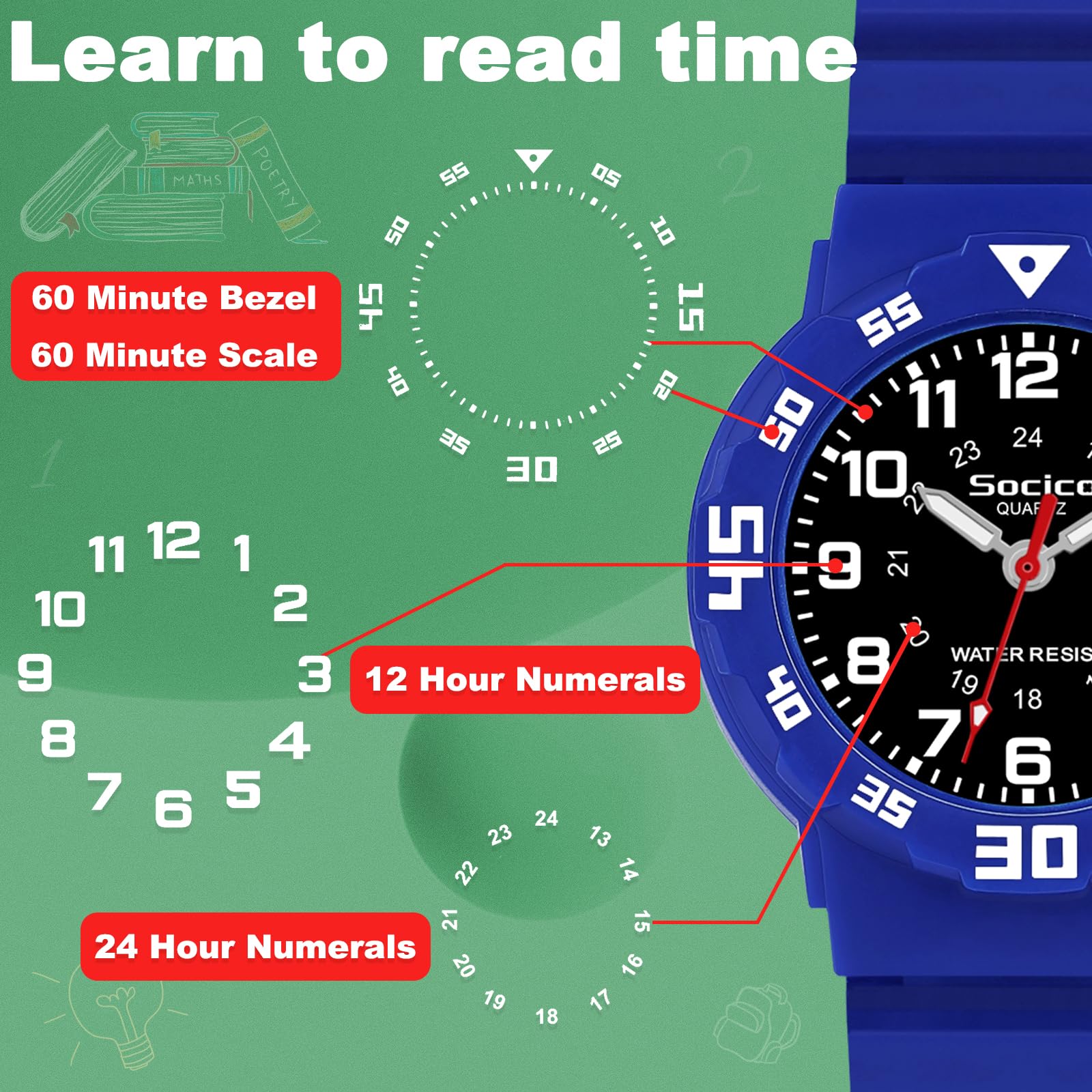 SOCICO SOCICO Children's Waterproof Analog Watch Easy to Read Durable Learning Wristwatch for Kids Blue Black Face Ideal for School - View 8 of 9