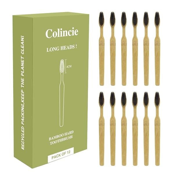 Colincie Colincie Extra Hard Bamboo Charcoal Toothbrush Long Head Wide Handle Whitening Teeth Pack of 12