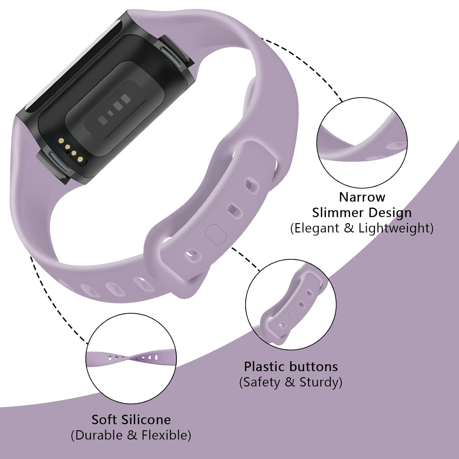 TopPerfekt TopPerfekt Slim Bands for Fitbit Charge 5 Adjustable Soft Silicone Sport Replacement Wristbands for Men and Women in Lavender - View 2 of 8