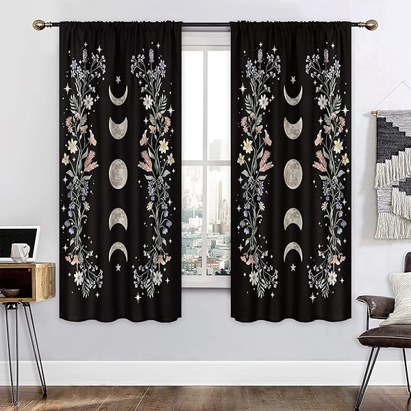 Mitpok Mitpok Boho Floral Curtains Black Flower Wildflower 42x63 Inch Rod Pocket Moon Phase Gothic Aesthetic Window Treatment Set for Home Decor