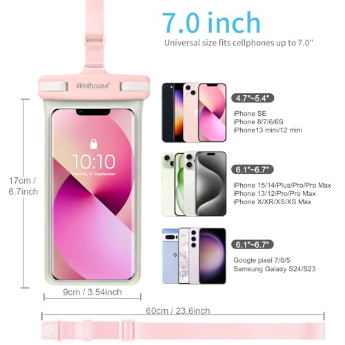 wellhouse Wellhouse Waterproof Phone Pouch for iPhone 16 15 14 13 12 Pro Max XS Samsung IPX8 3D Dry Bag Beach Essentials Luminous Pink 7 inch - View 6 of 7