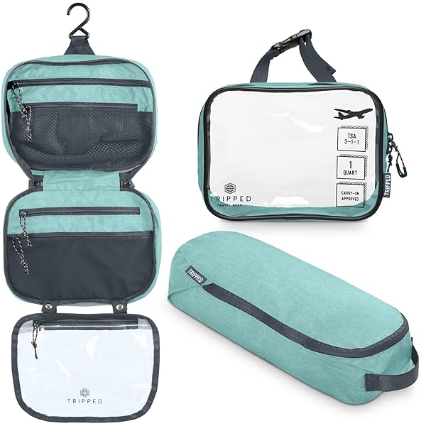 TRIPPED Travel Gear Ultimate Toiletry Bag Kit: Hanging Travel Organizer + TSA Cosmetic Bag + Ultralight Pouch in Dusty Teal