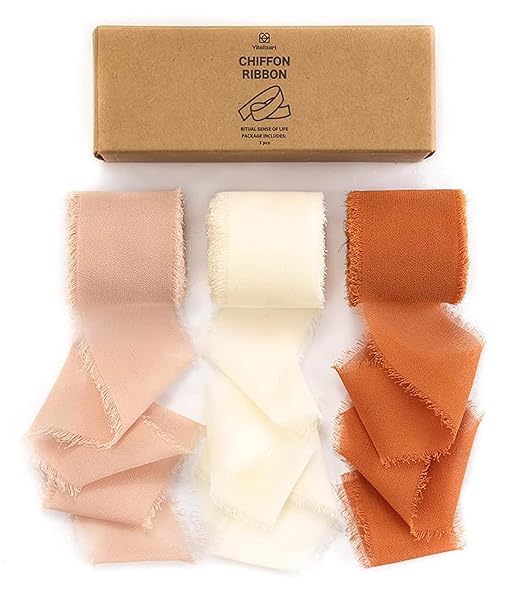 Vitalizart Vitalizart Fall Handmade Chiffon Silk Ribbon Fringe 1.5 Inch x 21 Yd Terracotta Cream for Wedding Invitations Gifts and Crafts