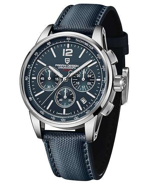 PAGRNE DESIGN Pagani Design Men's Quartz Chronograph Watch - 100M Water Resistant, 40mm, Sapphire Glass, Sporty Silver Blue Nylon Strap