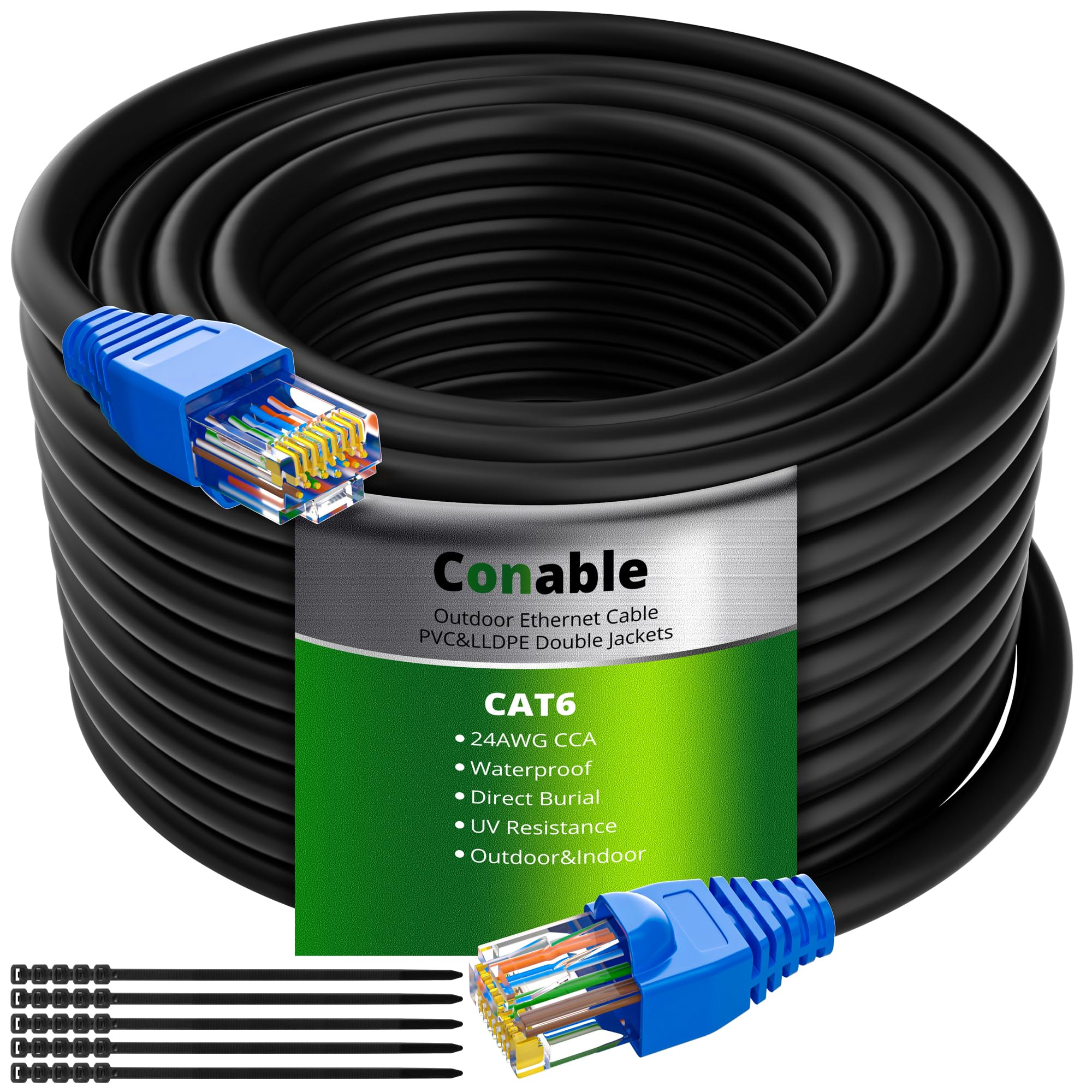Cat6 Outdoor Ethernet Cable 300ft Heavy Duty Waterproof Direct Burial Internet Cord for PoE Cat6 Cat5e Cat5 with 25 Ties