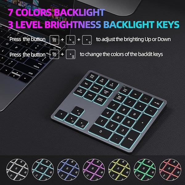 Doohoeek Doohoeek Backlit Bluetooth Numeric Keypad 34 Keys 7 Color Backlight for Laptops and Computers Gray - View 4 of 9
