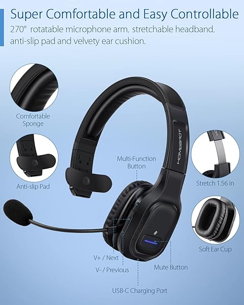 HomeSpot HomeSpot JM100 Trucker Bluetooth Headset: AI Noise Canceling, 34H Talk Time, Perfect for Trucking & Home Office - View 7 of 9