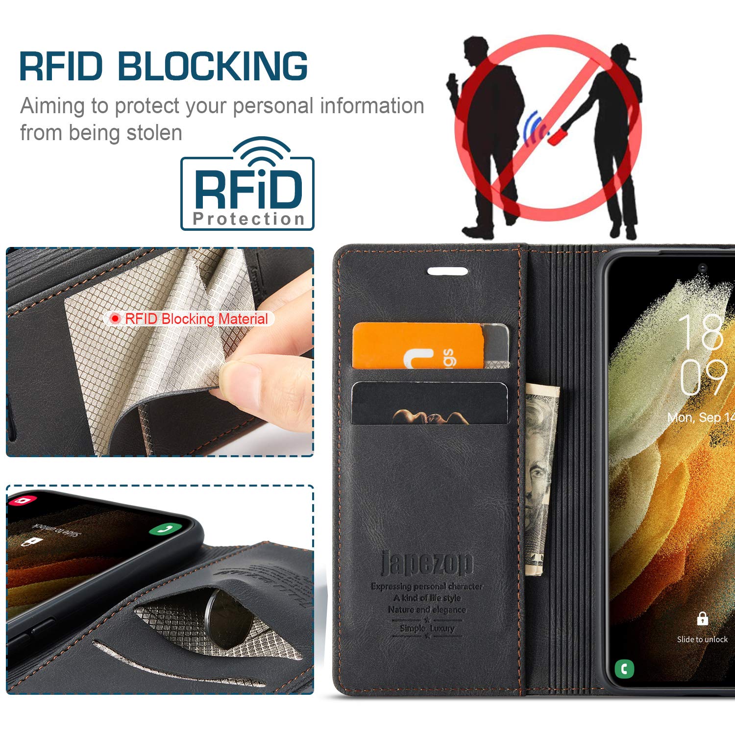 Japezop Galaxy S21 FE 5G Case Wallet with Card Holder RFID Blocking Kickstand Leather Flip Blue 6.4 Inch - View 3 of 9