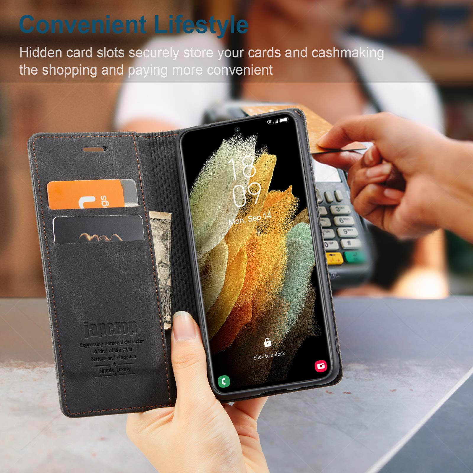 Japezop Galaxy S21 FE 5G Case Wallet with Card Holder RFID Blocking Kickstand Leather Flip Blue 6.4 Inch - View 9 of 9