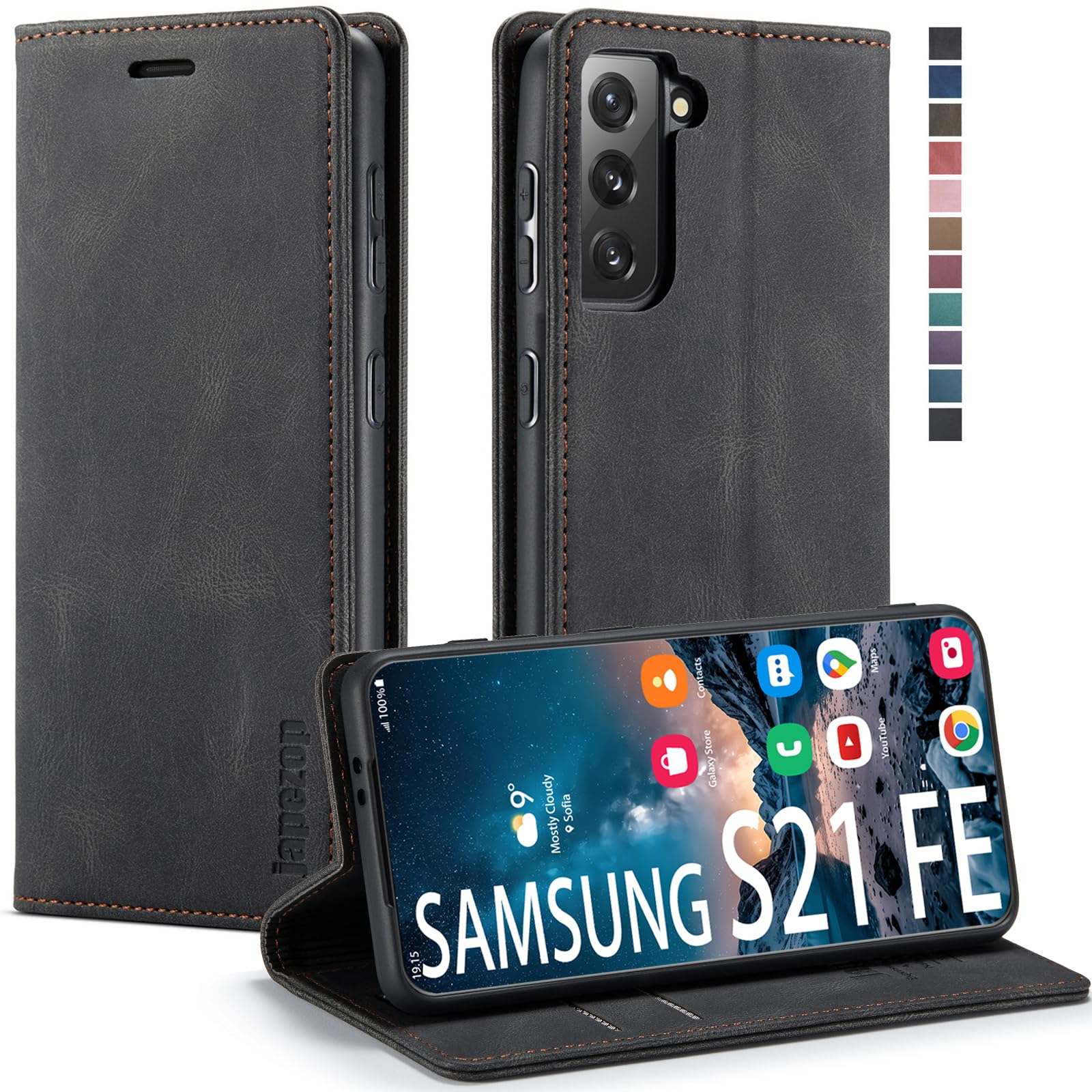 Japezop Galaxy S21 FE 5G Case Wallet with Card Holder RFID Blocking Kickstand Leather Flip Blue 6.4 Inch