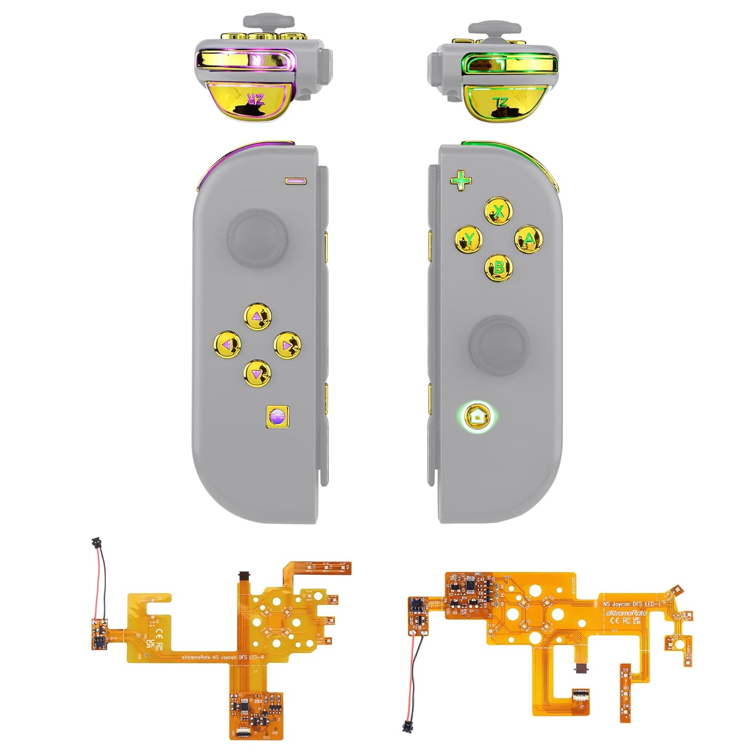 eXtremeRate 7 Colors 9 Modes NS Joycon DFS LED Kit for Nintendo Switch and Switch OLED Model Joycon with Chrome Gold ABXY Trigger Buttons