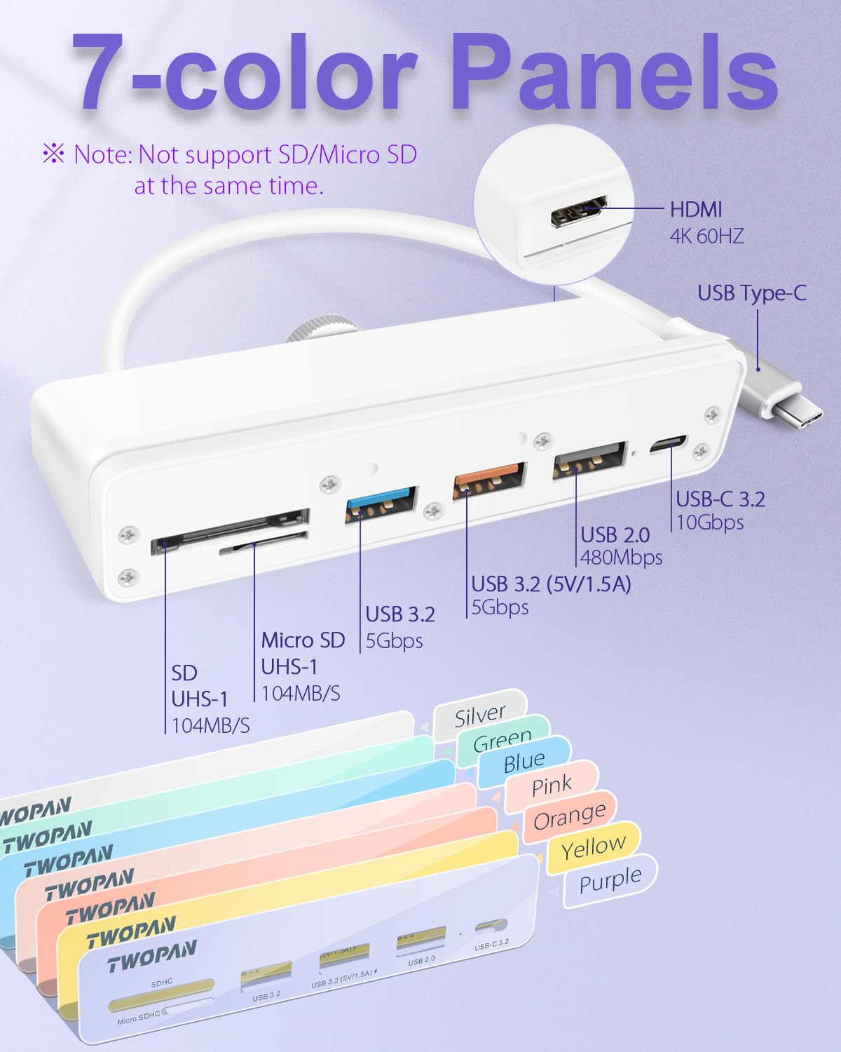 TWOPAN TWOPAN USB C Hub Multiport Adapter for iMac 2024 2023 2021 M4 M3 M1 7 in 1 USB Adapter with USB 3.2 Ports 4K HDMI SD Card Readers - View 2 of 7