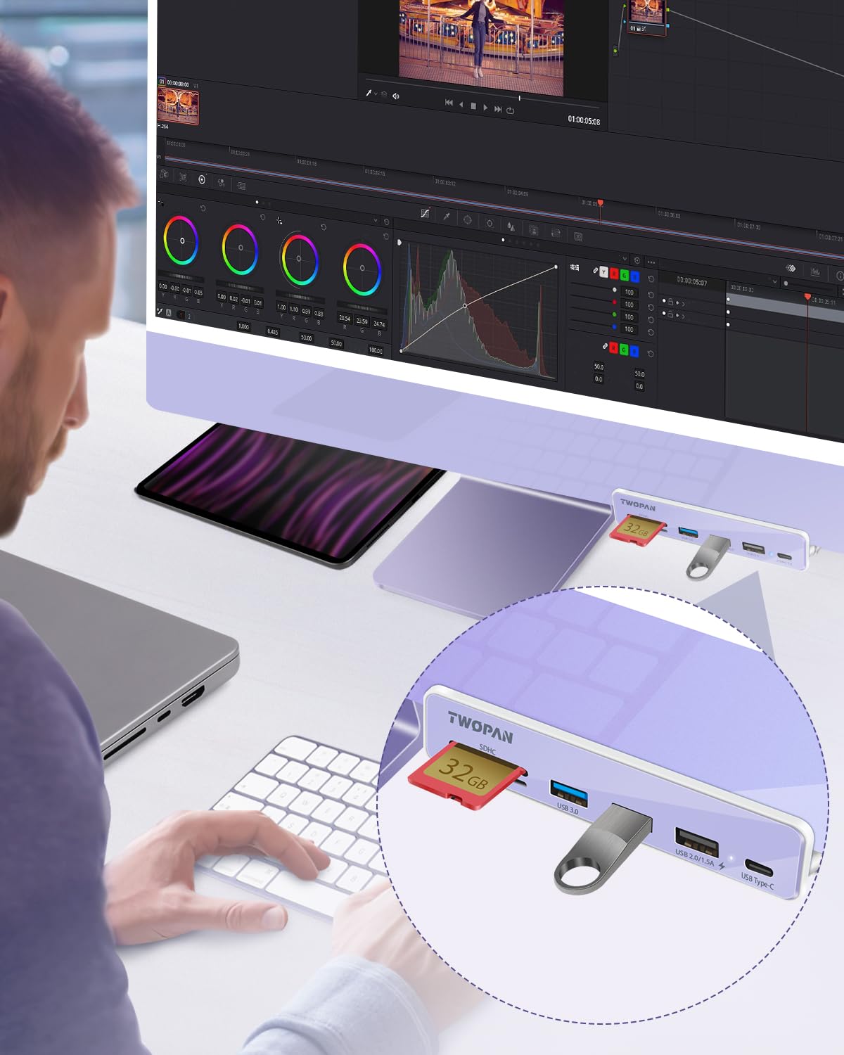TWOPAN TWOPAN USB C Hub Multiport Adapter for iMac 2024 2023 2021 M4 M3 M1 7 in 1 USB Adapter with USB 3.2 Ports 4K HDMI SD Card Readers - View 6 of 7