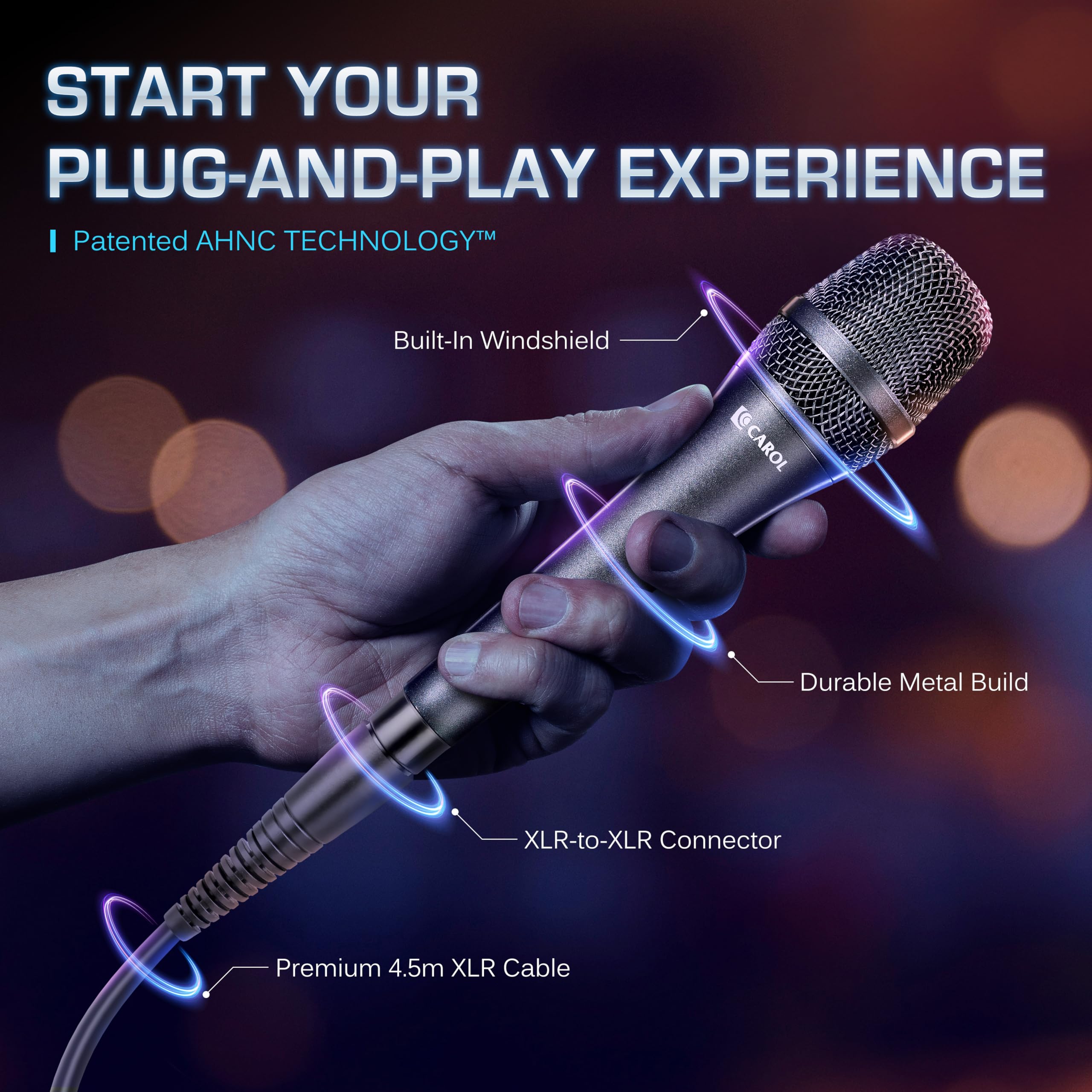 CAROL AC-910 XLR Wired Vocal Microphone Dynamic Cardioid Mic with Noise Cancelling Tech for Singing Karaoke Stage and Studio - View 6 of 8