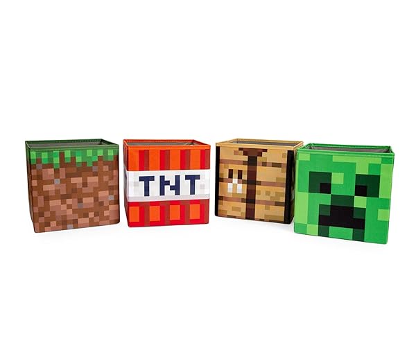 Ukonic Minecraft 10 Inch Storage Set of 4 Bins with Creeper TNT Grass Crafting Table Fabric Basket Container for Playroom Home Decor