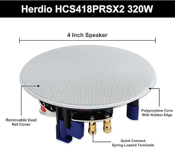 Herdio "Herdio 320W 2-Way Flush Mount Ceiling Speakers - 4" for Bathroom, Kitchen, Living Room & Office - Set of 4" - View 7 of 9