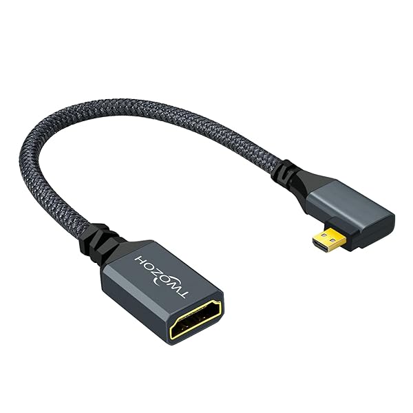 Twozoh Right Angled Micro HDMI to HDMI Adapter Cable, Nylon Braided 90Â°Degree Micro HDMI Male to HDMI Female Cable (Type D to Type A) Support 4K/60Hz 1080p (0.6FT)