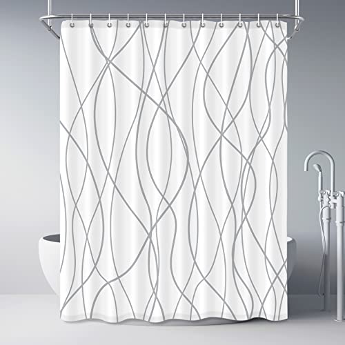 Punkray Punkray Extra Long Grey and White Striped Fabric Shower Curtain with 12 Hooks Waterproof Machine Washable Bath Accessories