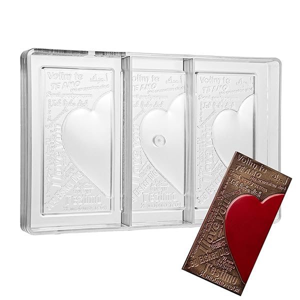 Greyas Greyas CM 3844 Louis Amado Clear Polycarbonate Chocolate Mold with Heart Messages Rectangular Tablet Cavities 70x140mm 9.45mm High