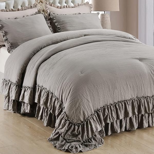 Masaca Masaca Gray Ruffled Comforter Set King Lightweight Fluffy Vintage Rustic Bedding 3 Pieces Farmhouse Shabby Boho Chic Design
