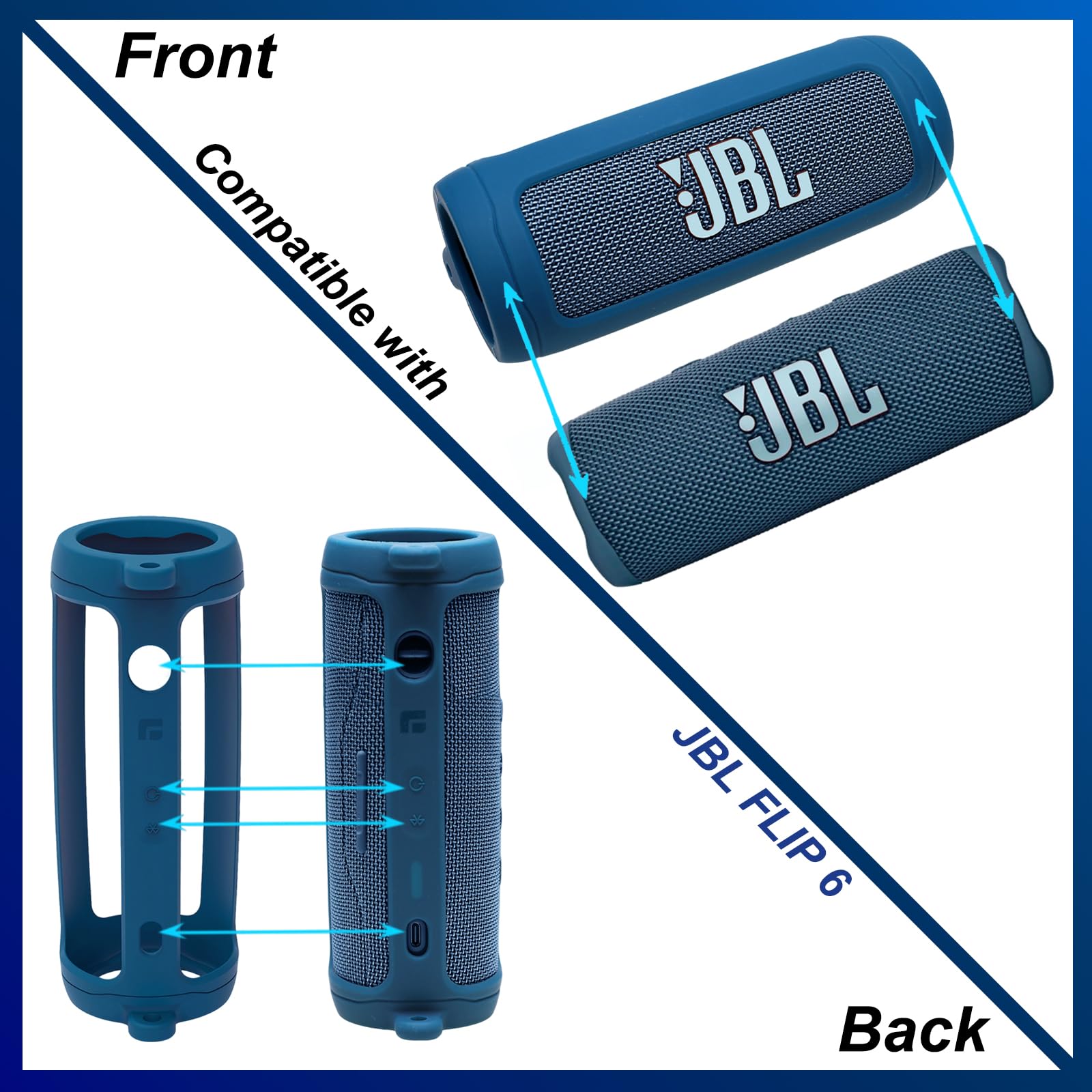LTGEM Silicone Protective Case for JBL Flip 6 Bluetooth Speaker with Carabiner and Strap Blue Case Only - View 2 of 9
