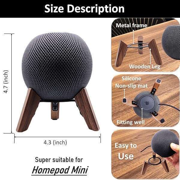 Counlisha Real Wood Stand for HomePod Mini - Walnut Tripod Holder with Metal Frame & Anti-Slip Pad for Stability - View 4 of 10
