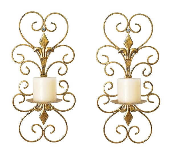 JUCONSIN JUCONSIN Set of 2 Antique Gold Wall Sconces - Elegant Metal Candle Holders for Home Decor in Bedroom & Dining Room