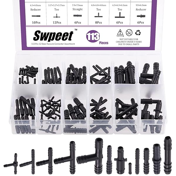 Swpeet Swpeet 113Pcs Barbed Vacuum Connector Kit with Tee Reducer and Straight Connectors for Vacuum Hose Replacement