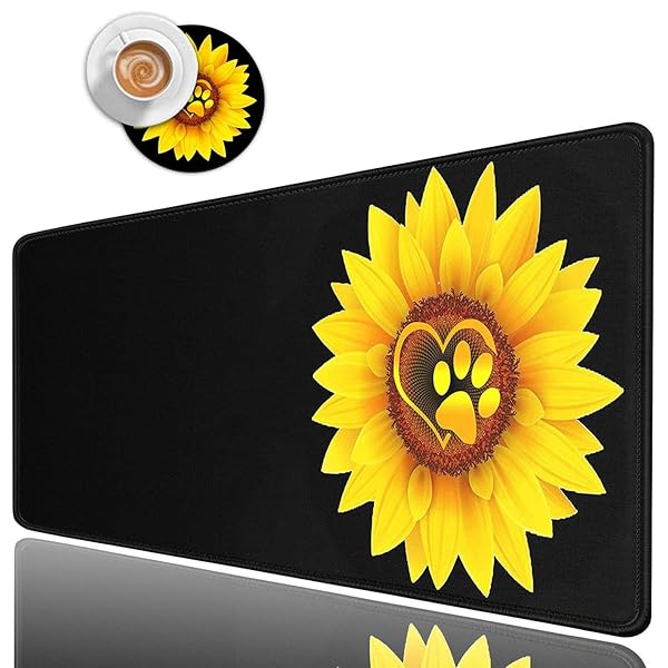 Yuxcfhjfe Large Gaming Mouse Pad XL Ergonomic Desk Pad with Stitched Edges 31.5 X 11.8 and Cup Coaster Sunflower Dog Paw Print