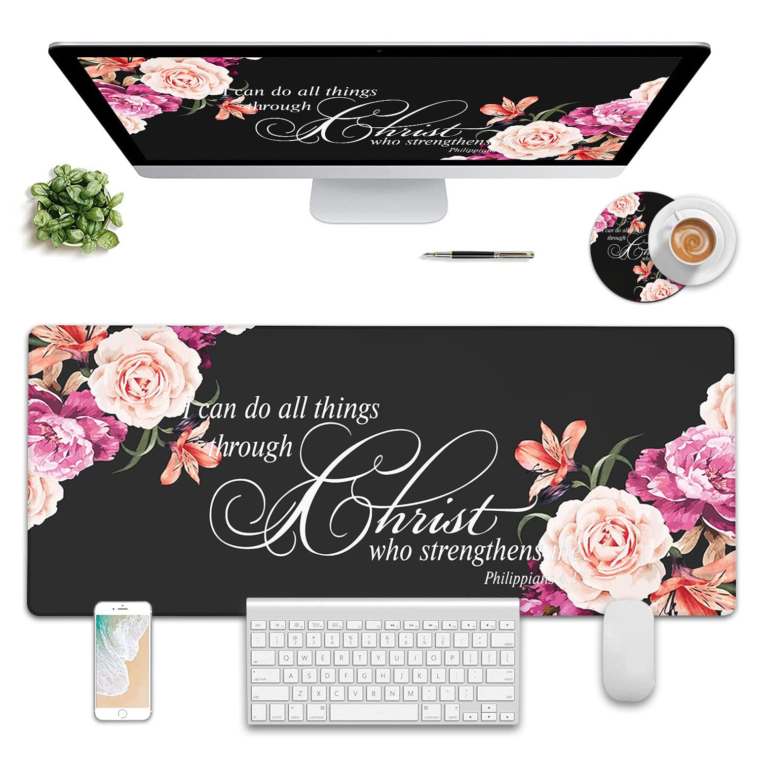 Yuxcfhjfe Large Gaming Mouse Pad XL Ergonomic Desk Pad with Stitched Edges and Cup Coaster featuring Philippians 4:13 Bible Verse Peony Flower - View 2 of 9