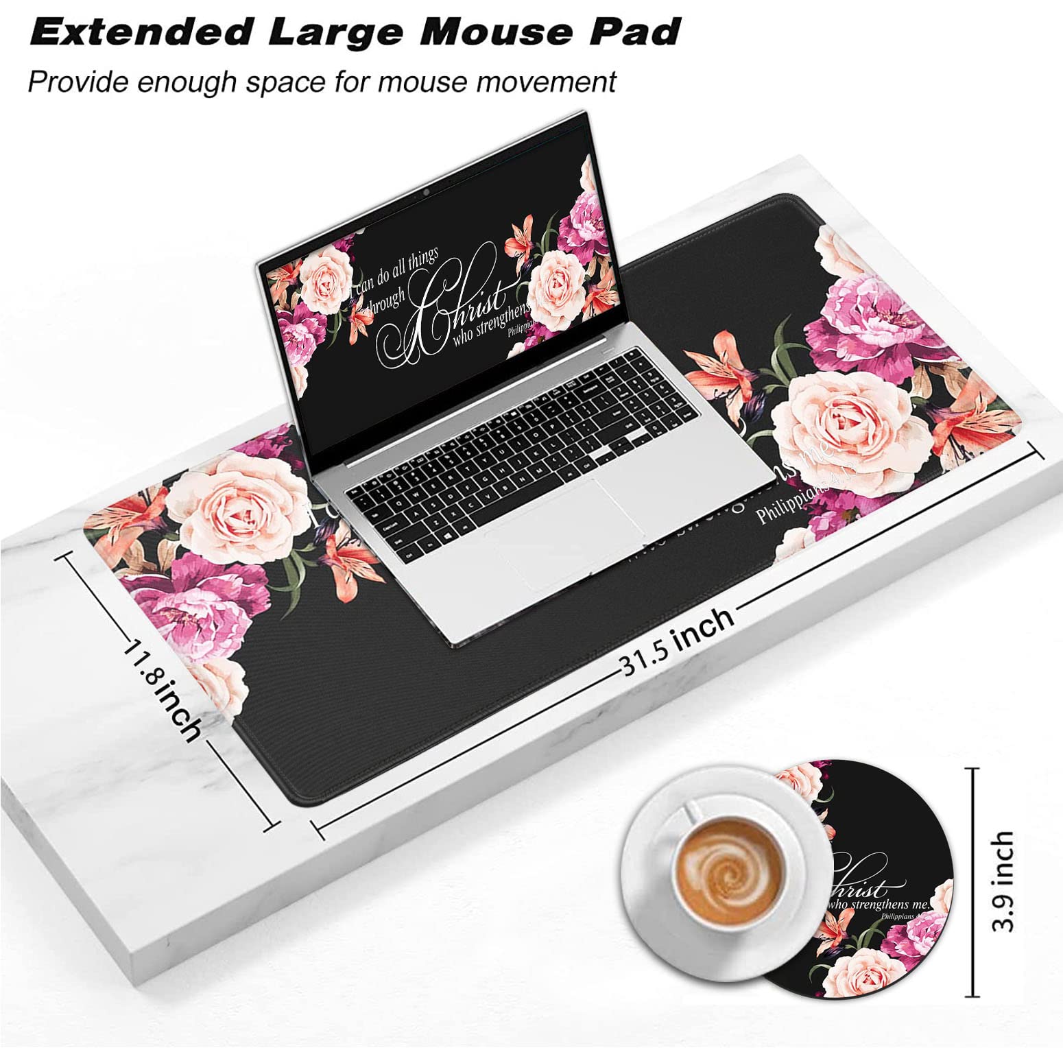 Yuxcfhjfe Large Gaming Mouse Pad XL Ergonomic Desk Pad with Stitched Edges and Cup Coaster featuring Philippians 4:13 Bible Verse Peony Flower - View 3 of 9