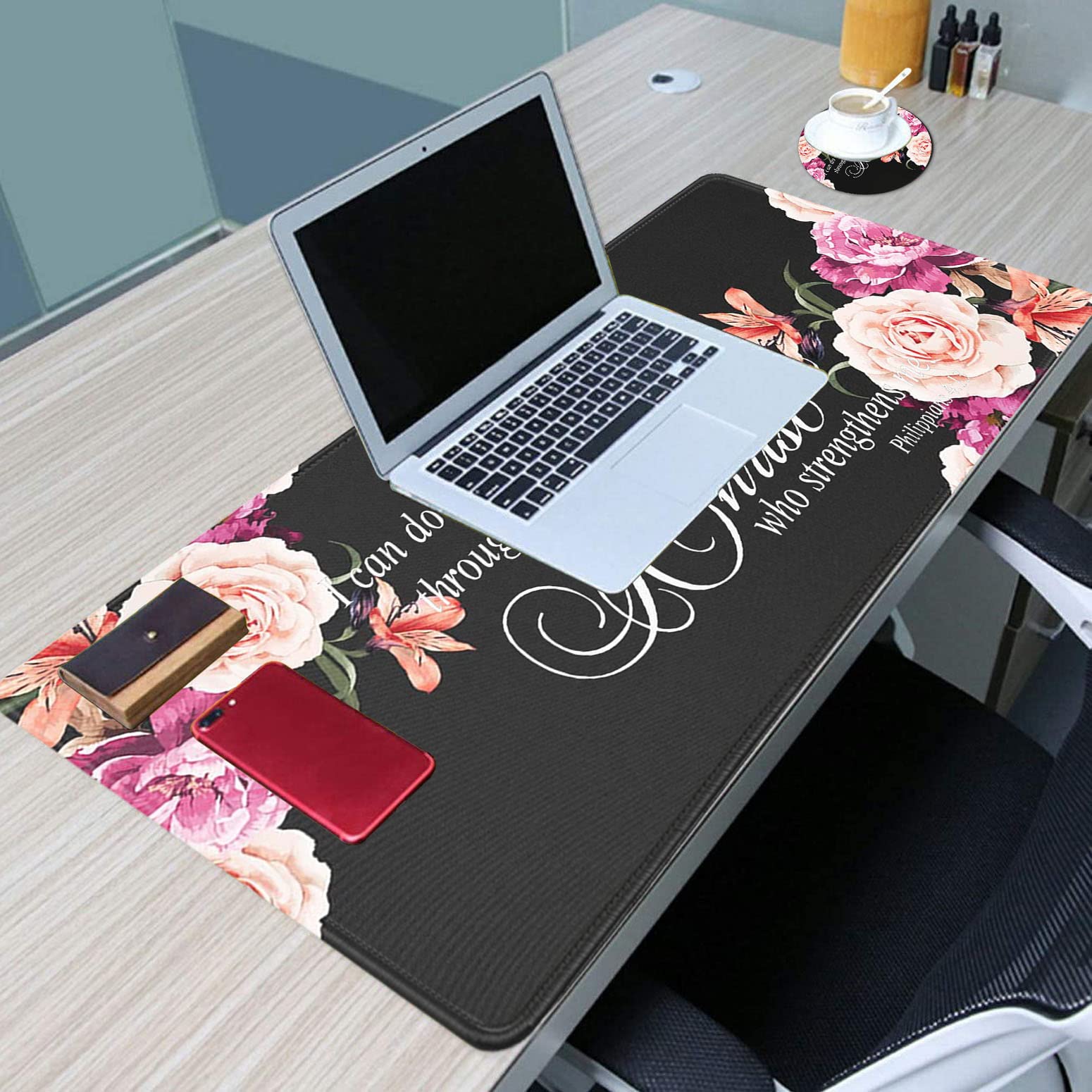 Yuxcfhjfe Large Gaming Mouse Pad XL Ergonomic Desk Pad with Stitched Edges and Cup Coaster featuring Philippians 4:13 Bible Verse Peony Flower - View 4 of 9