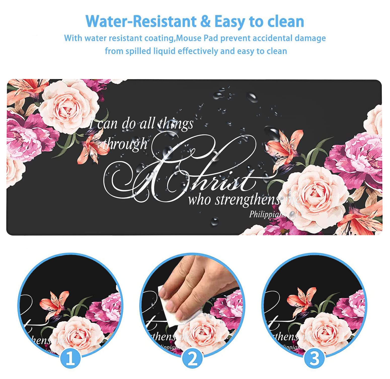 Yuxcfhjfe Large Gaming Mouse Pad XL Ergonomic Desk Pad with Stitched Edges and Cup Coaster featuring Philippians 4:13 Bible Verse Peony Flower - View 5 of 9