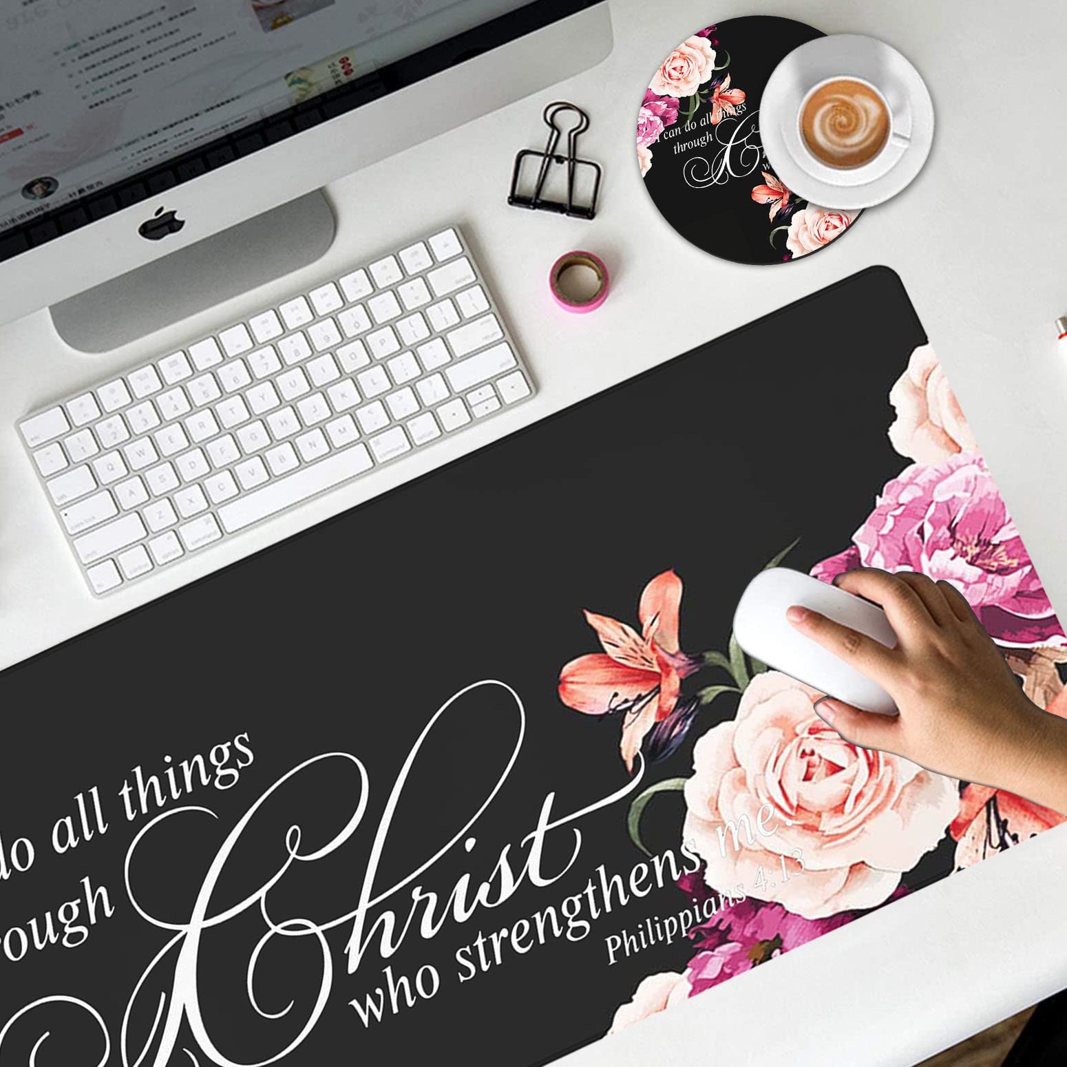 Yuxcfhjfe Large Gaming Mouse Pad XL Ergonomic Desk Pad with Stitched Edges and Cup Coaster featuring Philippians 4:13 Bible Verse Peony Flower - View 7 of 9